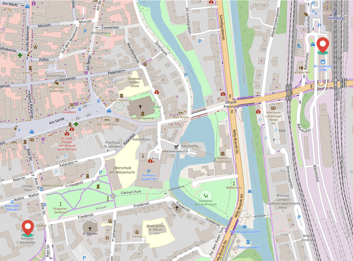 Karte von Lüneburg mit Markierungen beim Nordost-Institut und am Bahnhof